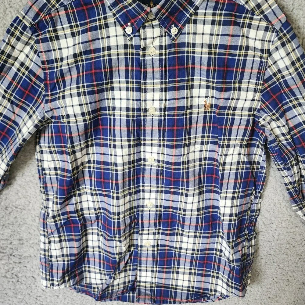 Ralph Lauren‎ Youth Size 7 Blue Plaid Natural Stretch Button Down LS Shirt